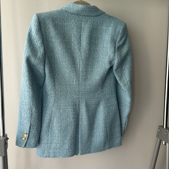 NEW ZARA LIGHT BLUE TWEED OVERSIZED DOUBLE BREASTED BLAZER GOLD BUTTONS SMALL - Picture 4 of 8